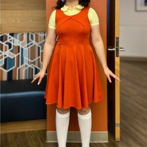 Squid Games Doll Costume-yellow scalloped school button down & orange mini dress